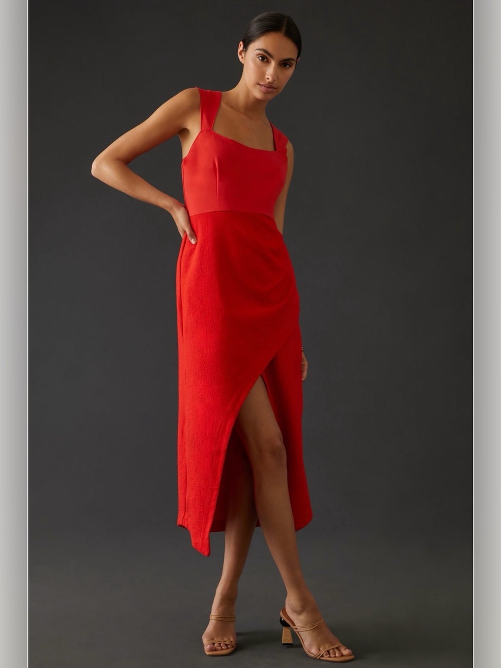 Anthropologie Maeve Red Square Neck Ruched Back Cutout Slit Maxi Dress Size 2 - Picture 2 of 13